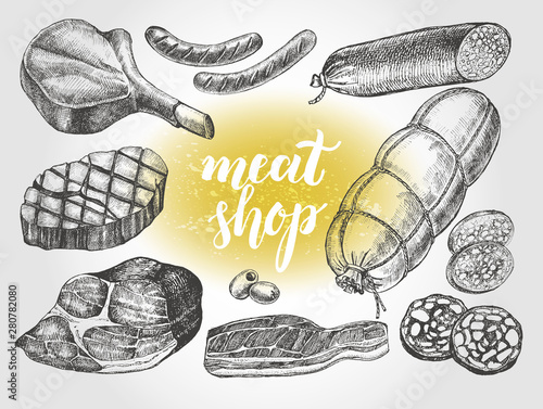 Ink hand drawn set of meat products, bacon, salami and sausages. Food elements collection. Vector illustration with brush calligraphy style lettering.