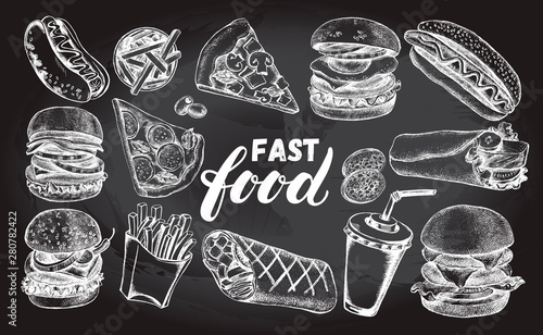 Ink hand drawn set of various burgers, hot dog, burrito, French fries, pizza slice.  Fast Food elements collection for menu or signboard design. Vector illustration.