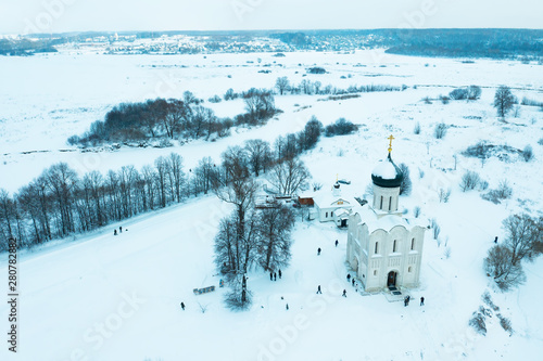 Winter drone view of Church of the Intercession on the Nerl in Bogolubovo