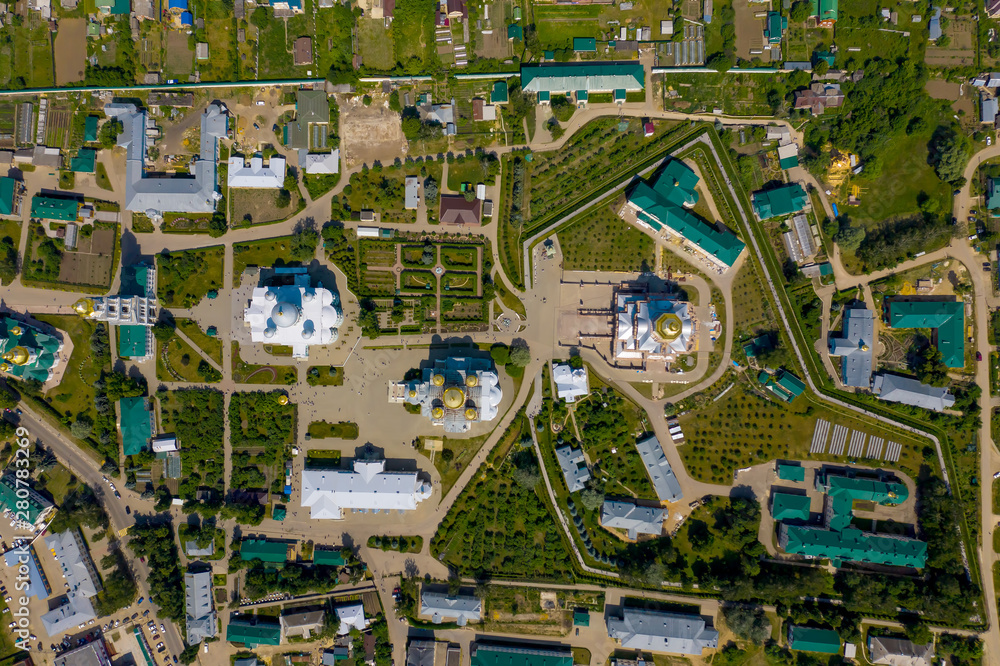 Diveyevo Convent or Holy Trinity-Saint Seraphim-Diveyevo Monastery in Diveevo. Aerial drone top view