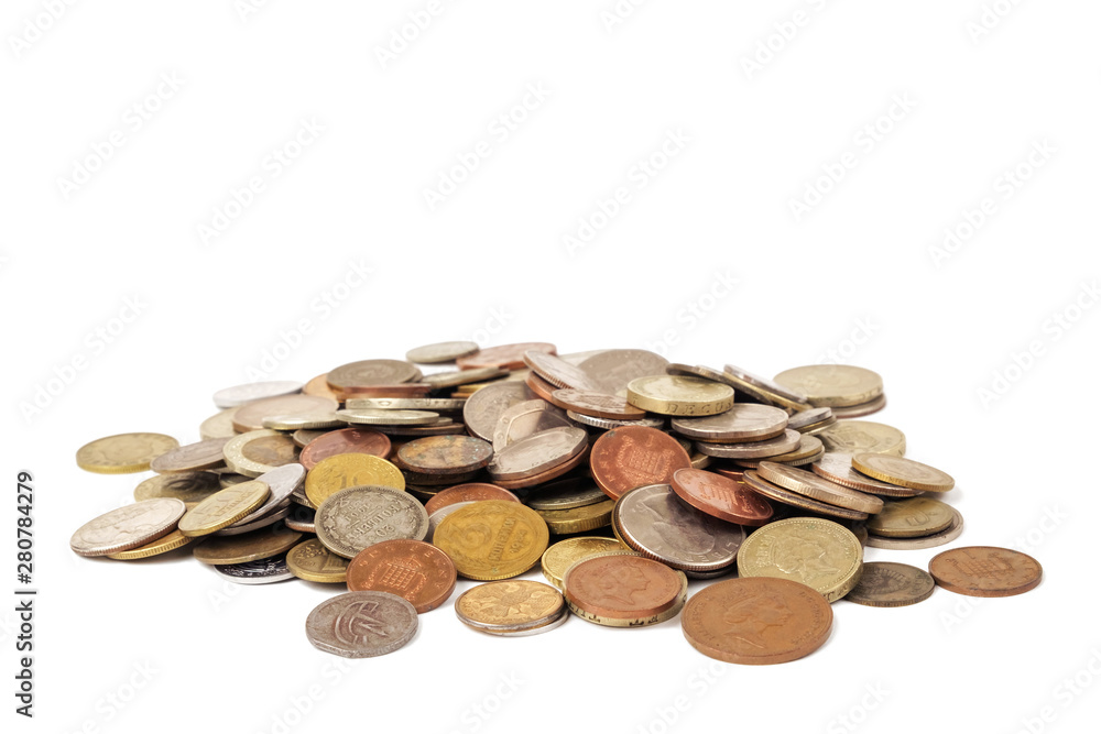 Different country coins on a white background Different country coins on a white background
