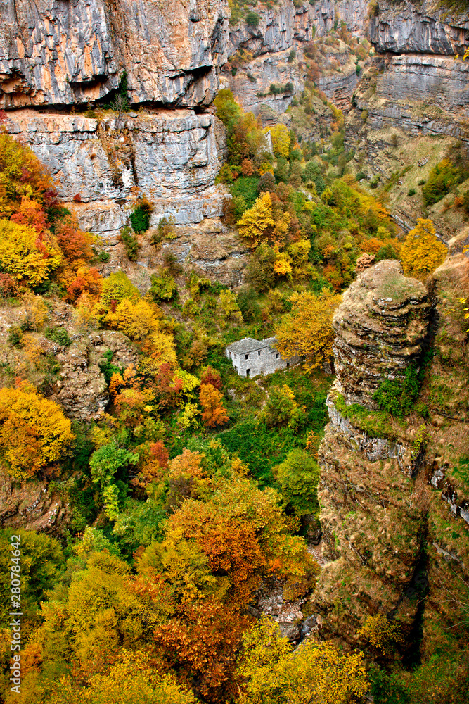 TZOUMERKA MOUNTAINS, GREECE. An old watermill, in the canyon of Chrousias river (also known as 