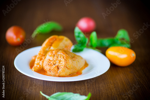 stuffed pepper with meat and vegetable sauce in a plate