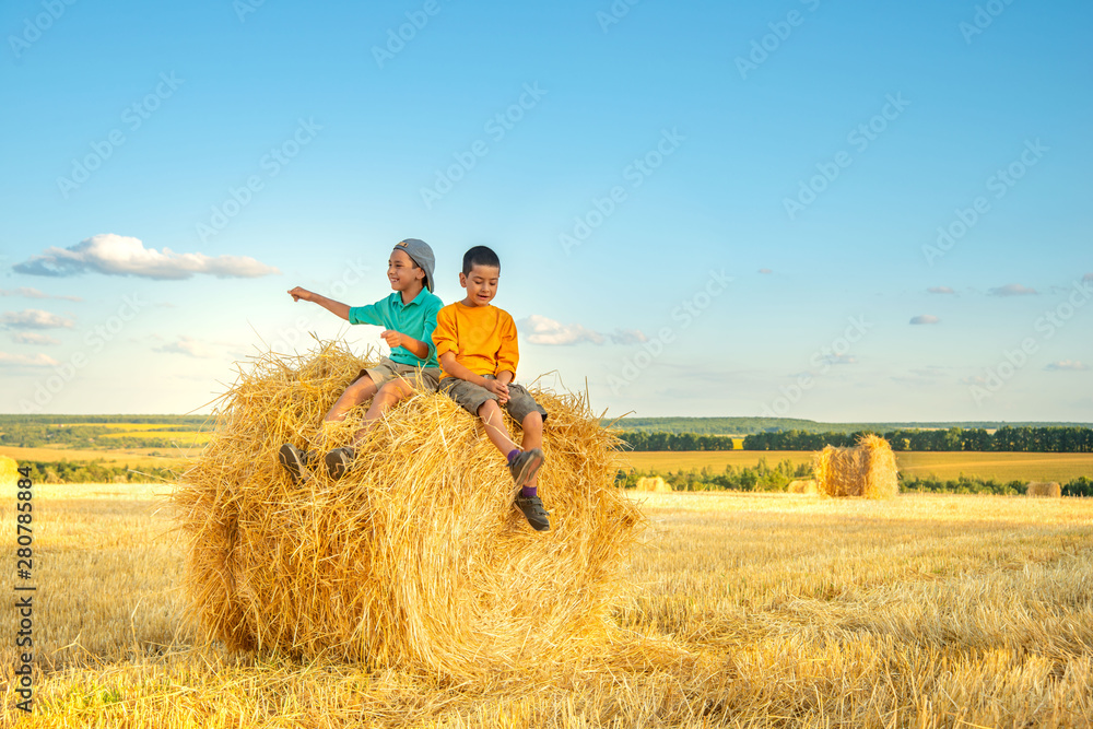 Children have fun sit on a haystack on a sunny day in the field. Children have fun sit on a haystack on a sunny day in the field.