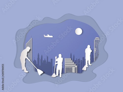 silhouette of older man cleaning floor paper cut style