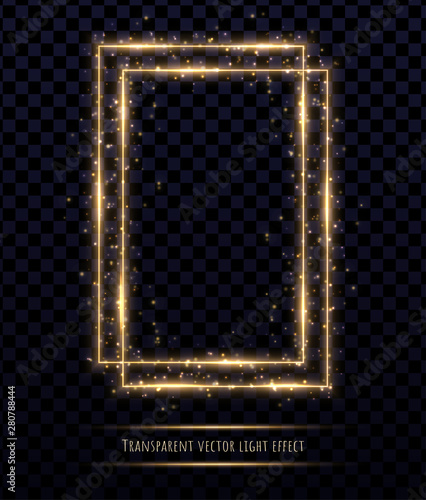 Glowing gold polygonal frame with light effects isolated on transparent background. Shining multangular border with glowing sparkles.