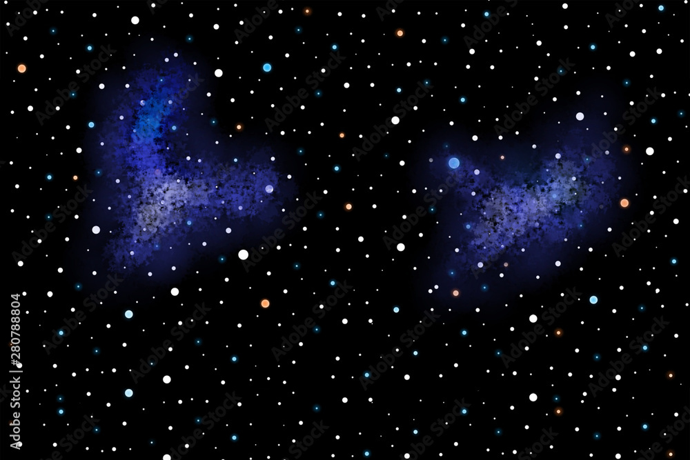 Fototapeta premium Multicolored stars twinkle in the dark night sky. Cosmic view. Galaxy and blue nebula.
