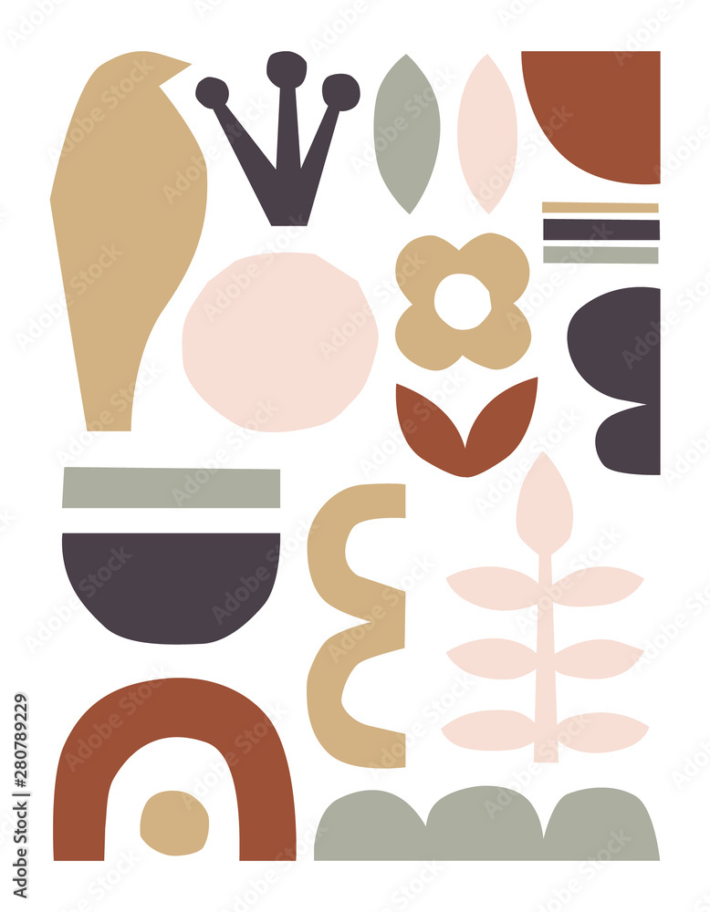 Vector paper cut pieces. Trendy abstract Paper cutouts collage. Hand drawn modern folk art composition.