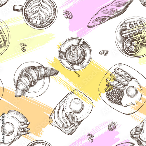 Decorative seamless pattern with Ink hand drawn breakfast dishes - fried eggs with sausages, croissant, baguette, coffee. Food elements texture for your design. Vector illustration.