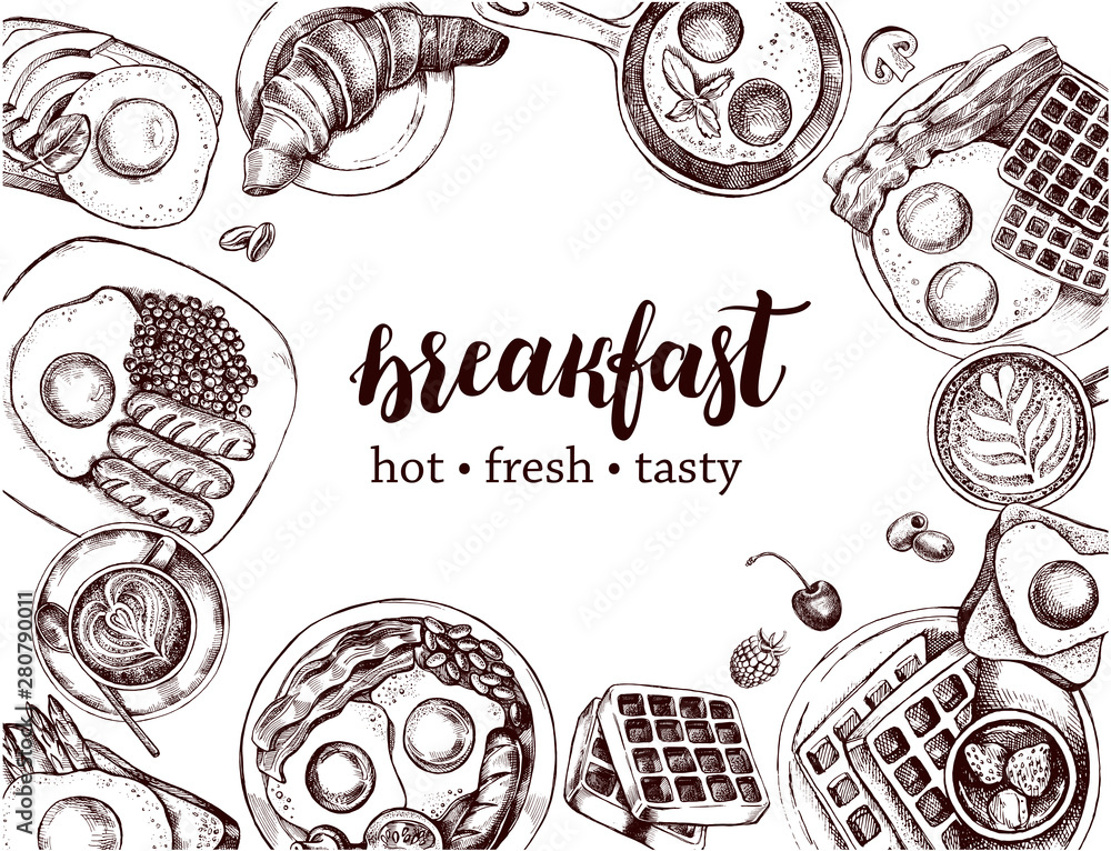 Ink hand drawn background with breakfast dishes - fried eggs, sausages ...