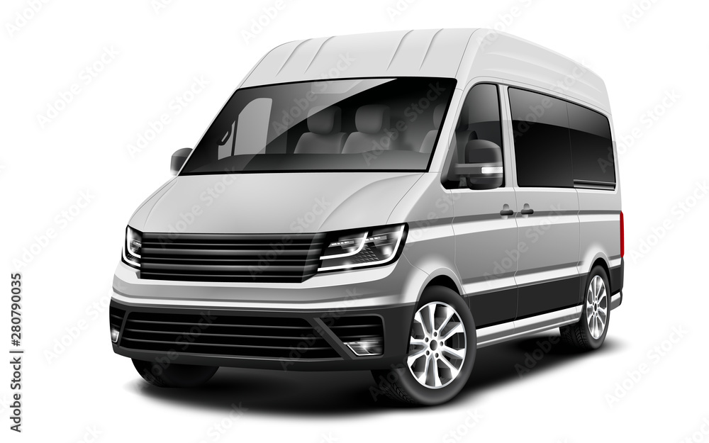 White Metallic Generic Van Car On White Background. Minivan Family Automobile Or Cargo Van. Perspective View. Illustration With Isolated Path.