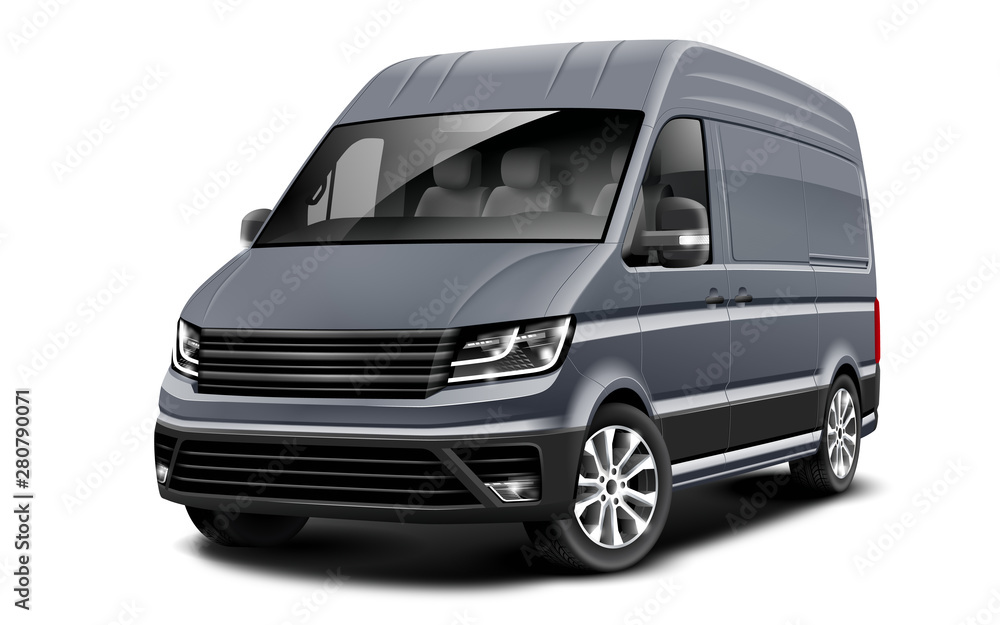 Grey Generic Van Car On White Background. Cargo Business Minivan. Perspective View. Illustration With Isolated Path. Grey Generic Van Car On White Background. Cargo Business Minivan. Perspective View. Illustration With Isolated Path.