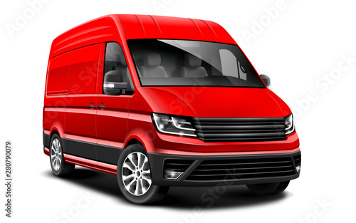 Red Generic Van Car On White Background. Cargo Business Van. Perspective View. Illustration With Isolated Path.