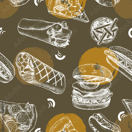 Decorative seamless pattern with Ink hand drawn burgers, pizza, shawarma. Food elements texture for your design. Vector illustration.