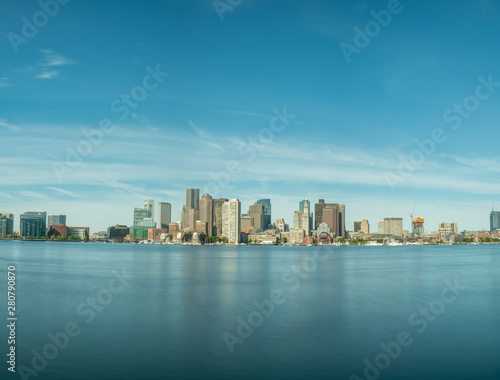 Long Exposure View of Boston Skyline With Mostly Clear Skies