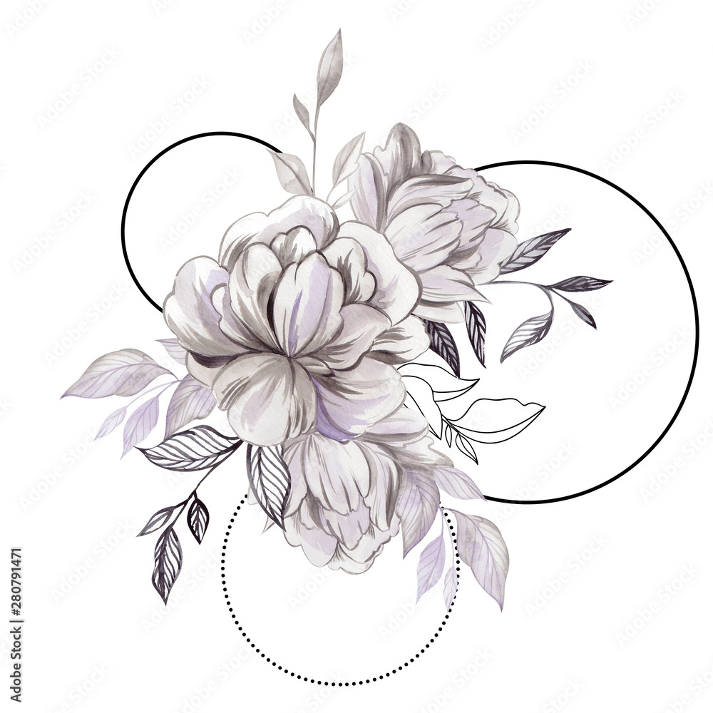 Fototapeta Bouquet with watercolor flowers and graphic element, hand draw floral element, isolated on white background
