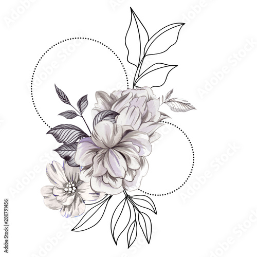 Bouquet with watercolor flowers and graphic element  hand draw floral element  isolated on white background