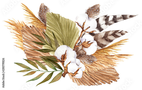 Bouquet with pampas grass, flowers, feather and cotton, watercolor hand draw floral element in boho style, isolated on white background photo