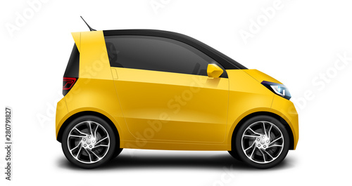 Yellow Generic Compact Small Car On White Background. Microcar Or Mini MPV. Perspective view. With Isolated Path. photo
