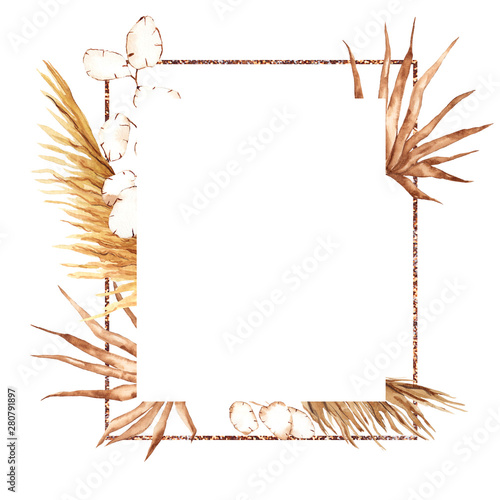 Frame with watercolor feather, pampas grass, leaves, palm leaf and flowers, hand draw floral ekement in boho style, isolated on white background photo