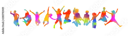 Fotografia Silhouettes of jumping multicolored friends