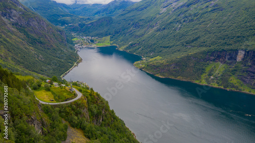 Aerial panorama view to Geiranger fjord and town from Trollstigen at Norway photo