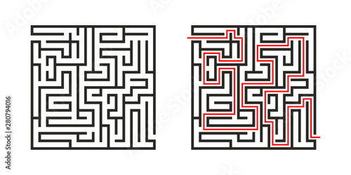 Education logic game labyrinth for kids. Find right way. Isolated simple square maze black line on white background.  With the solution.