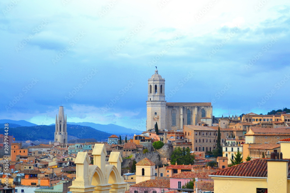 View of Girona Spain from the Medieval Wall Surronging the City, the Two Largest Church Cathedrals can be Seen off in the Distance