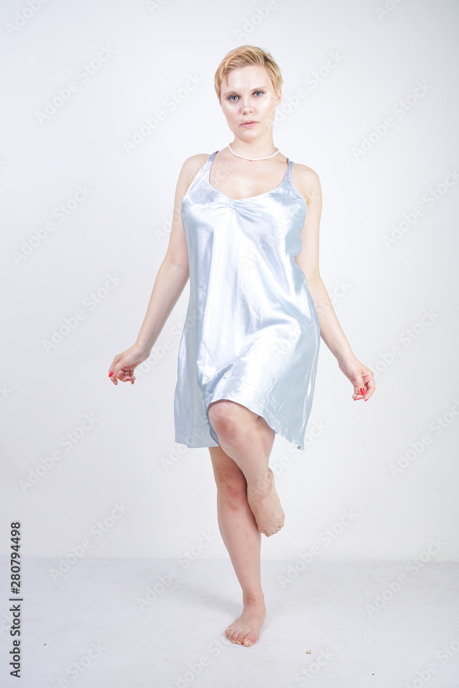 Sexy plus size beauty woman wear light blue silk dress Sexy plus size beauty woman wear light blue silk dress