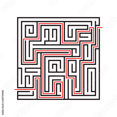 Education logic game labyrinth for kids. Find right way. Isolated simple square maze black line on white background.  With the solution.