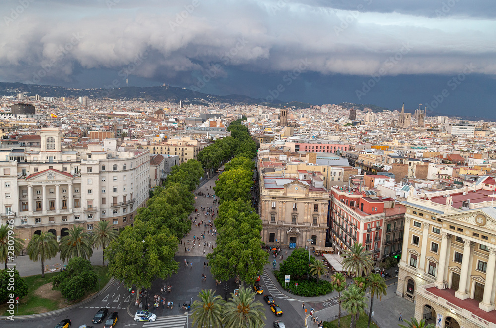 July 17 2019, Barcelona Spain: Aerial Top Street view from Christopher Columbus statue