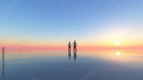 Bright future  Couple on beach at sunrise  couple is watching the colourful bright sunrise standing in large lake