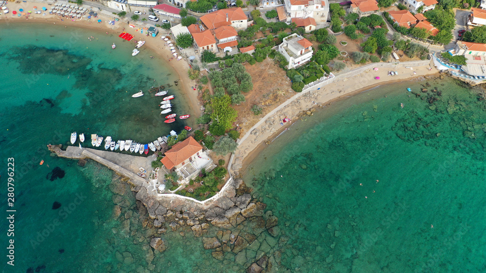 Aerial drone panoramic photo of iconic picturesque village and sandy beach of Stoupa in the heart of Messinian Mani, Peloponnese, Greece