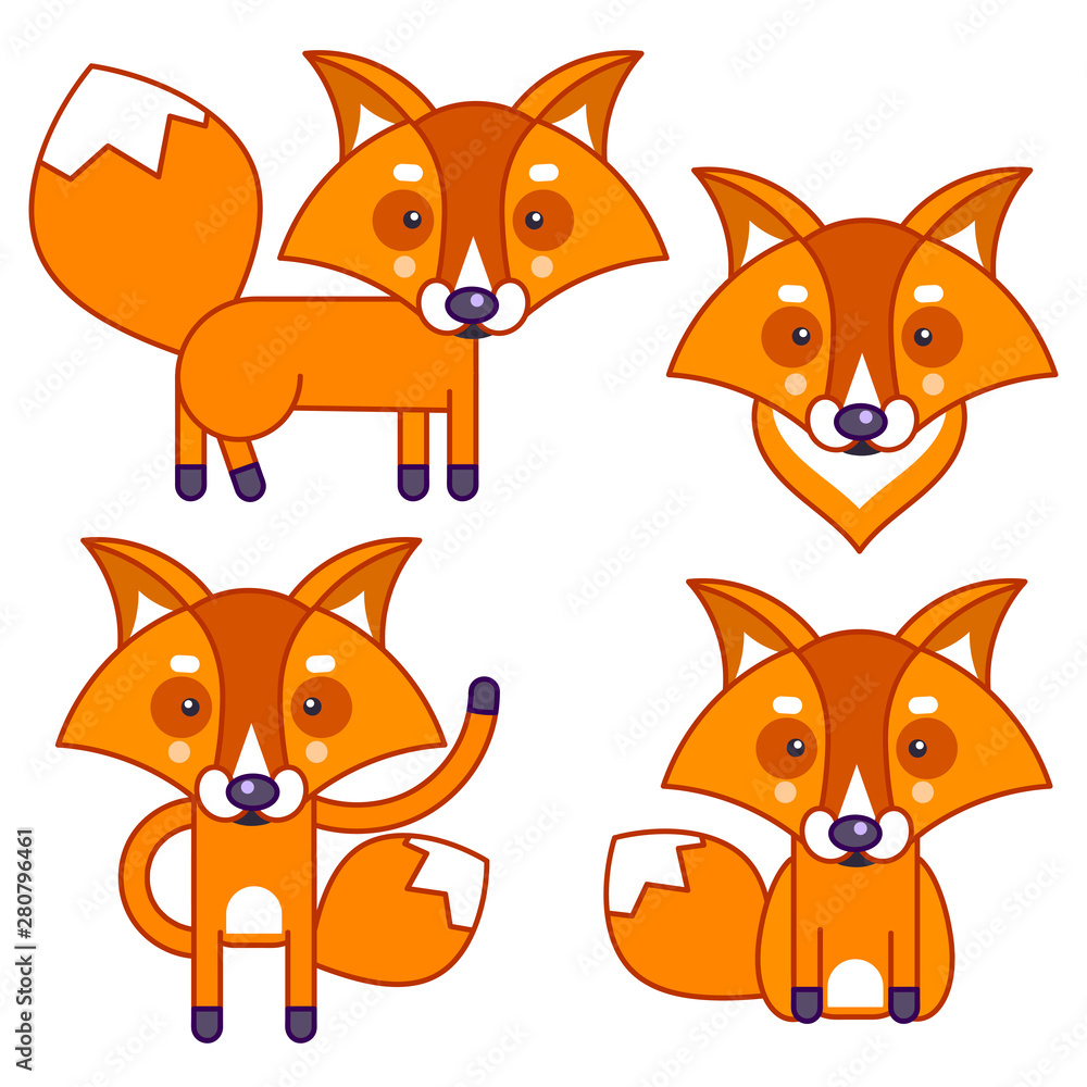Vector Set Of Cartoon Funny Fox Isolated On White Background. Cute, Funny Animal, Fox Character Doing Various Actions