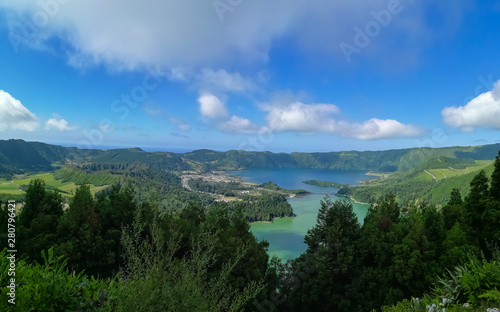 Lagoa das Sete Cidades is located on the island of São Miguel, Azores and is characterized by the double coloration of its waters, in green and blue.