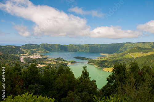 Lagoa das Sete Cidades is located on the island of S  o Miguel  Azores and is characterized by the double coloration of its waters  in green and blue.