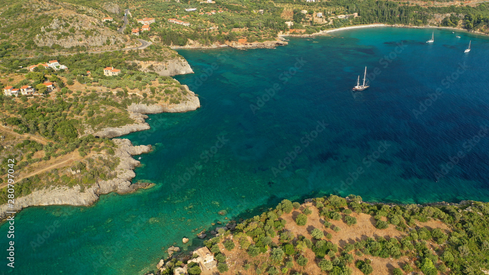 Obraz premium Aerial drone photo from picturesque village of Kardamili in the heart of Messinian Mani, Peloponnese, Greece