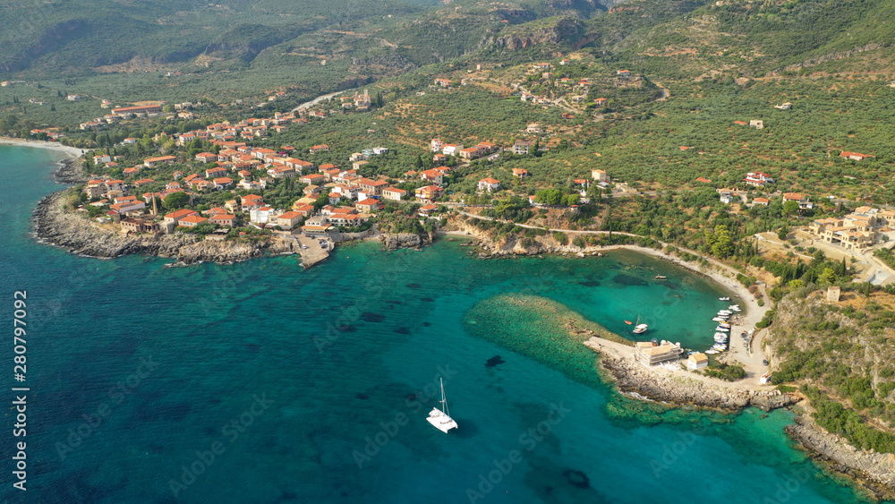 Aerial drone photo from picturesque village of Kardamili in the heart of Messinian Mani, Peloponnese, Greece