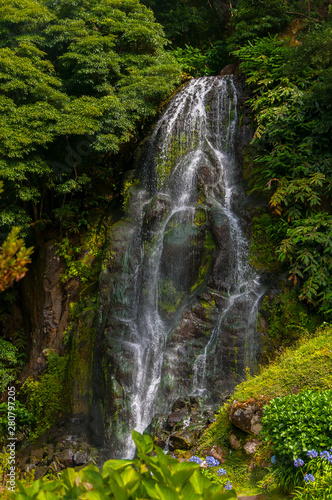 The Bridal Veil waterfall is located in the Northeast Volcanic Complex on S  o Miguel Island  Azores