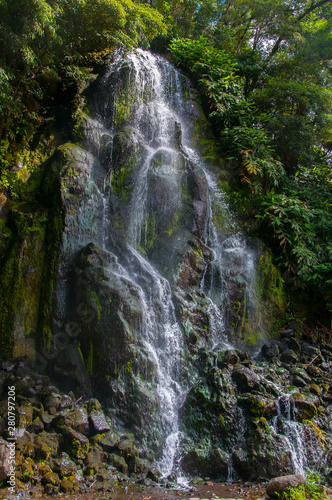 The Bridal Veil waterfall is located in the Northeast Volcanic Complex on S  o Miguel Island  Azores