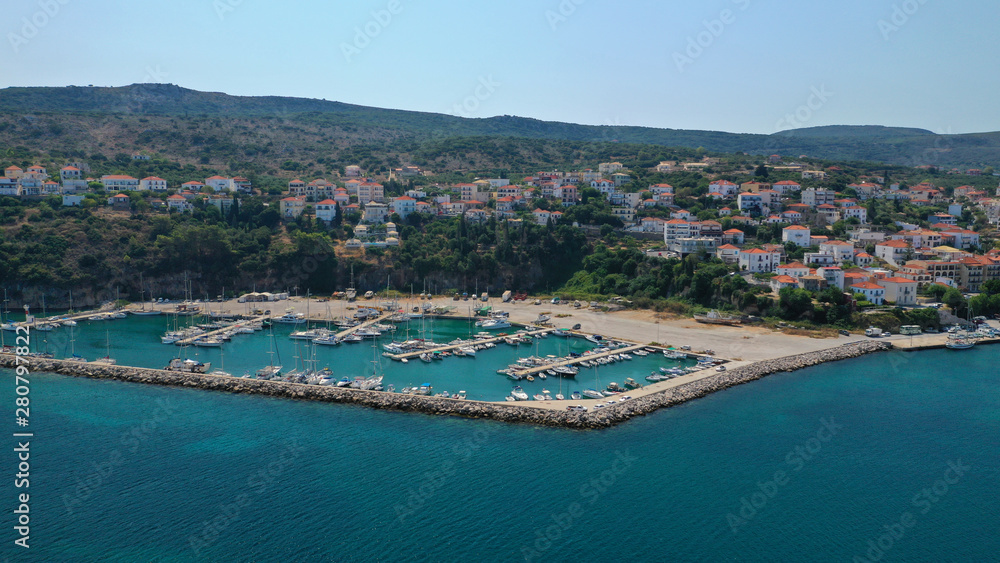 Aerial drone photo of iconic medieval castle and village of Pylos or Pilos in the heart of Messinia prefecture, Peloponnese, Greece