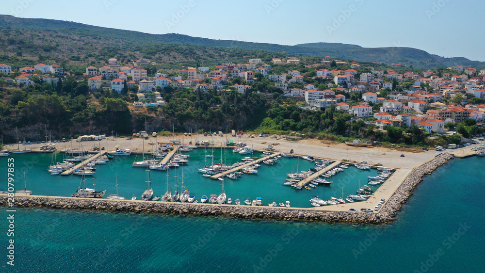 Aerial drone photo of iconic medieval castle and village of Pylos or Pilos in the heart of Messinia prefecture, Peloponnese, Greece