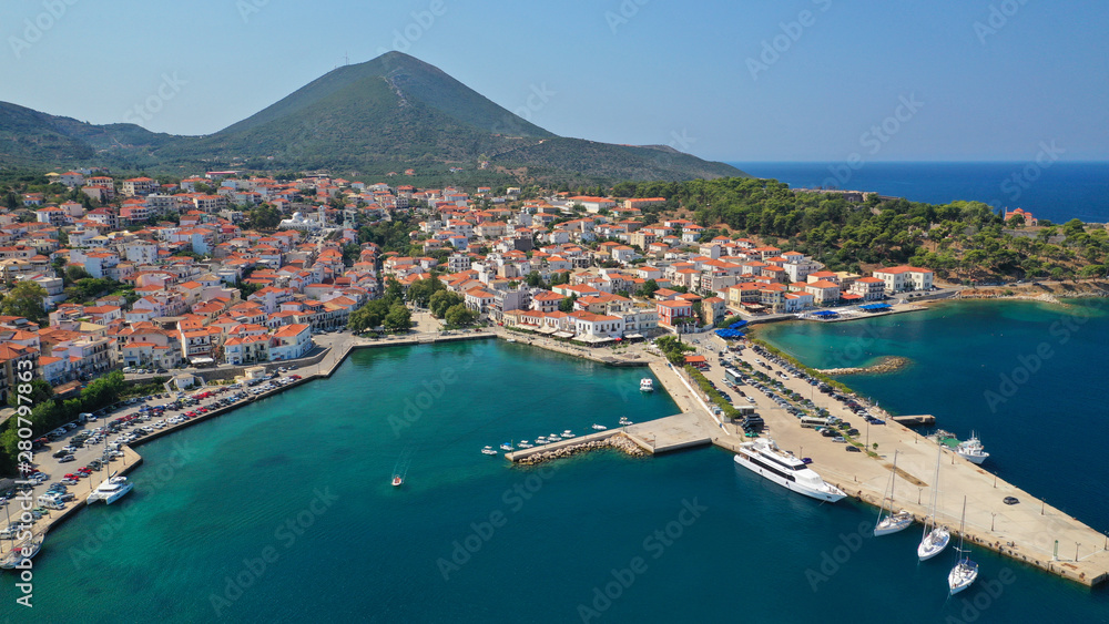 Aerial drone photo of iconic medieval castle and village of Pylos or Pilos in the heart of Messinia prefecture, Peloponnese, Greece