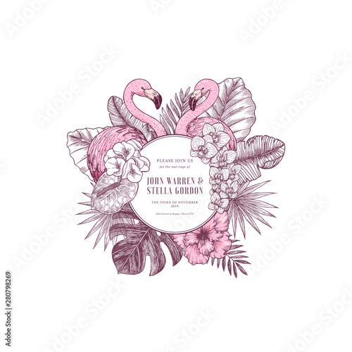 Pink flamingo wedding invitation. Round design template. Vector illustration
