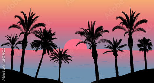 Sunset in the sea  silhouettes of palm trees on the beach. Vector illustration.