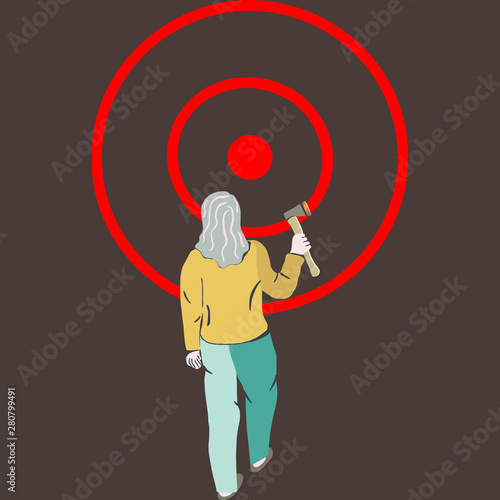 Woman throwing hatchet in wood target.