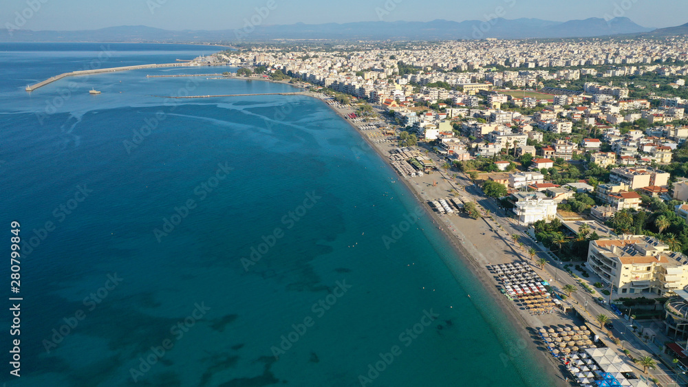 Fototapeta premium Aerial drone photo of famous seaside town and port of Kalamata, South Peloponnese, Greece