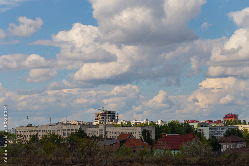 Outskirts of Chisinau. Panorama with the capital of Moldova. Cloudy sky before the rain.	