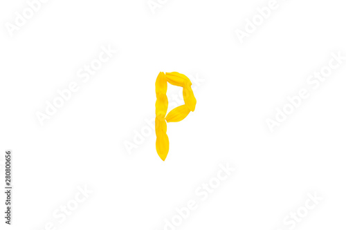 Yellow letter P from sunflower petals fonts,  alphabet element, beauty decorative  font isolate of a white background 