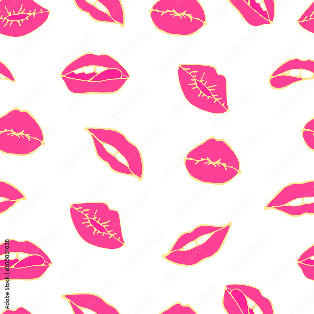 Lips seamless pattern. Cosmetics and makeup seamless pattern. Closeup beautiful lips of woman with red lipstick. Sexy lip make-up. Open mouth. Sweet kiss. Seamless pattern in pop style. Lips seamless pattern. Cosmetics and makeup seamless pattern. Closeup beautiful lips of woman with red lipstick. Sexy lip make-up. Open mouth. Sweet kiss. Seamless pattern in pop style.